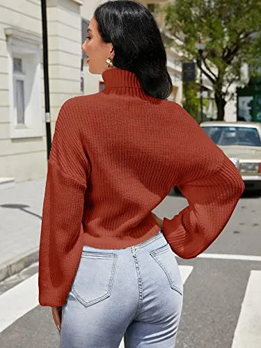 ZAFUL Women's Cropped Turtleneck Sweater Lantern Sleeve Ribbed Knit Pullover Sweater Jumper (2-Chestnut Red, M)